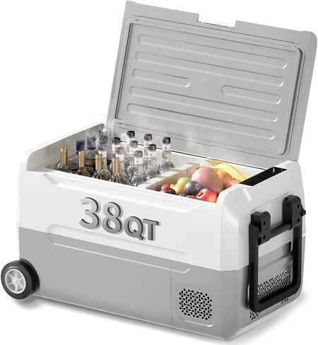 ثلاجة سيارة محمولة TABU 38QT(35L)، فريزر ومبرد ثنائي المنطقة 12 فولت مع 12/24 فولت تيار مستمر و110/240 فولت تيار متردد، -4 درجة فهرنهايت ~ 68 درجة فهرنهايت، ثلاجة سيارة مع سلة وعجلات، ضوضاء منخفضة، للتخييم والسفر، RV (أسود) in Kuwait