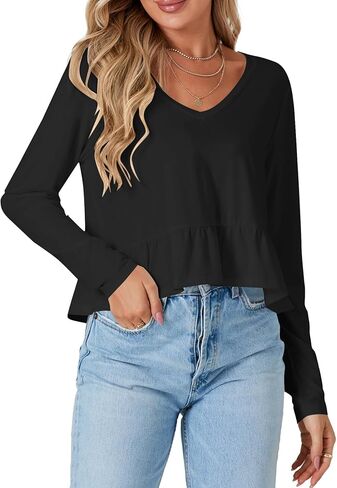 Vrtige Women's Casual V Neck Long Sleeve Peplum Ruffle Hem Babydoll Blouse Shirt Crop Top in Saudi Arabia