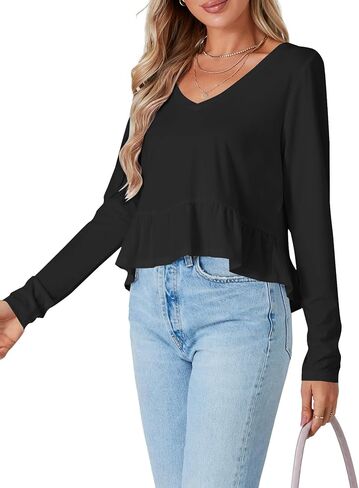 Vrtige Women's Casual V Neck Long Sleeve Peplum Ruffle Hem Babydoll Blouse Shirt Crop Top in Saudi Arabia