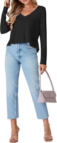 Vrtige Women's Casual V Neck Long Sleeve Peplum Ruffle Hem Babydoll Blouse Shirt Crop Top in Saudi Arabia