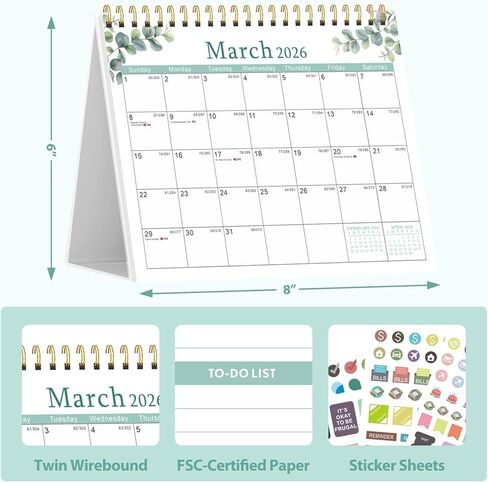 2026 Desk Calendar, Small Desktop Calendar Flip, Jan 2026 to Dec 2026, Standing Table Calendar with Stickers for Home School Work Office, (8" x 6") in Kuwait
