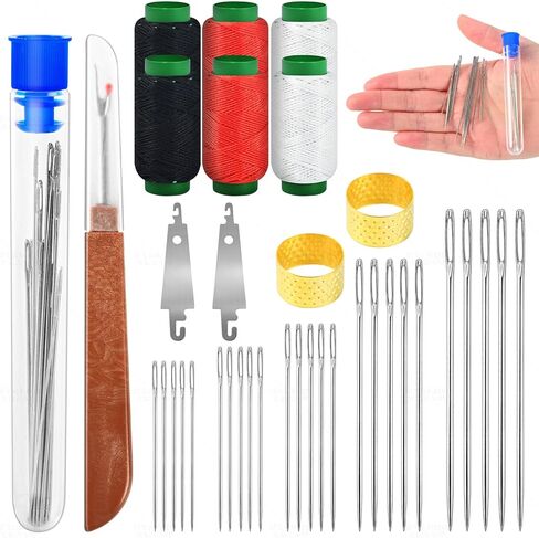 مجموعة إبر الخياطة الفولاذية ذات العين الكبيرة 37 قطعة، إبر من الفولاذ المقاوم للصدأ لمجموعة الخياطة اليدوية مع ممزق الخيط، خيوط الإبرة، الخيوط والكشتبانات، أدوات إصلاح مجموعة الإبر للمبتدئين والاستخدام اليومي in Kuwait