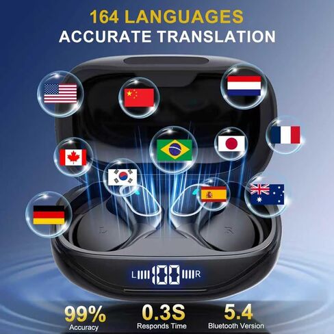 سماعات أذن للترجمة بتقنية الذكاء الاصطناعي في الوقت الحقيقي، شاشة لمس LCD، 164 سماعة أذن لمترجم اللغة، 70 ساعة من Audiofonos Traductores Inglés Español، سماعات رأس للترجمة بخاصية إلغاء الضوضاء مع مكالمات الصوت والفيديو، IPX7 in Kuwait