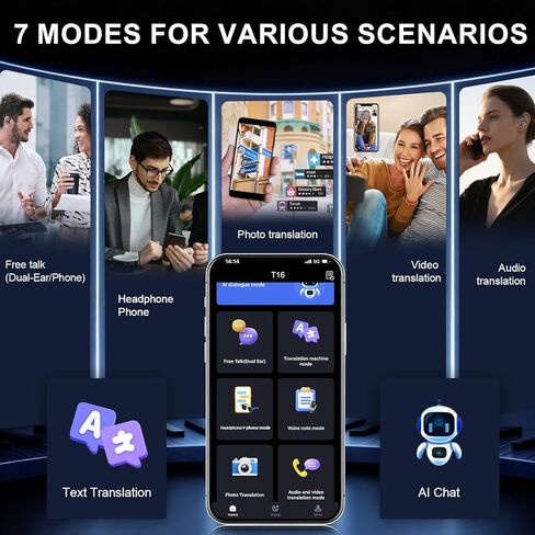 سماعات أذن للترجمة بتقنية الذكاء الاصطناعي في الوقت الحقيقي، شاشة لمس LCD، 164 سماعة أذن لمترجم اللغة، 70 ساعة من Audiofonos Traductores Inglés Español، سماعات رأس للترجمة بخاصية إلغاء الضوضاء مع مكالمات الصوت والفيديو، IPX7 in Kuwait