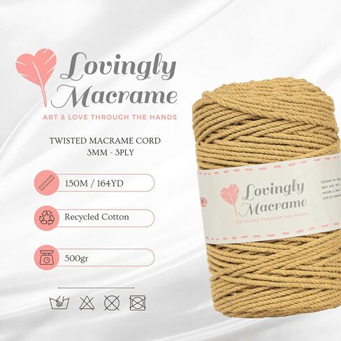 3mm Macrame Cord - 3 Ply Twisted Macrame String for DIY Handmade Boho Projects - Three Strand Cotton Rope for Crafts, Dreamcatchers, Plant Hangers, Decor - 492ft (164yds). - Beige in Saudi Arabia