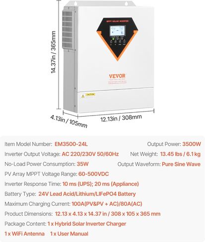 VEVOR Hybrid Solar Inverter, 6000W, All in One Pure Sine Wave Power Inverter Charger, 48V DC to 220/230V AC, with Built-in 120A MPPT Solar Controller, for Off-Grid System Lead Acid Lithium Battery in Kuwait