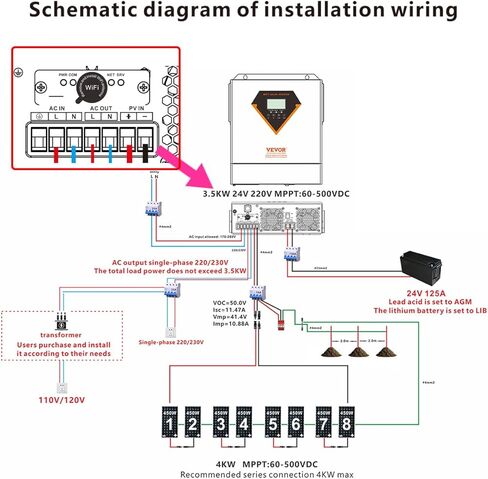 VEVOR Hybrid Solar Inverter, 6000W, All in One Pure Sine Wave Power Inverter Charger, 48V DC to 220/230V AC, with Built-in 120A MPPT Solar Controller, for Off-Grid System Lead Acid Lithium Battery in Kuwait
