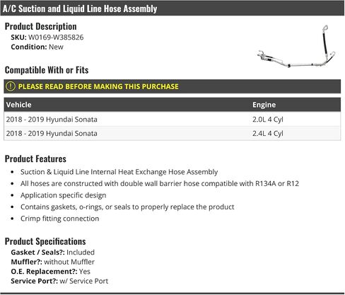A/C Suction Line Hose Assembly - Compatible with 2018-2019 Hyundai Sonata 2.0L 2.4L in Saudi Arabia
