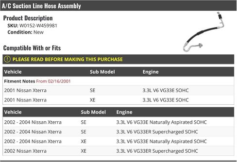A/C Suction Line Hose Assembly - Compatible with 2001-2004 Nissan Xterra 3.3L V6 (From 02/16/2001) in Saudi Arabia