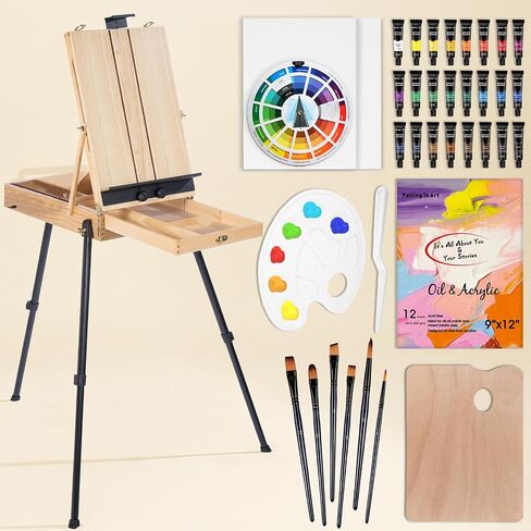 Falling in Art Artist Painting Set with French Easel, 37Pcs Professional Easel Kit with Canvas, Paintbrush, Paints Suitable for Adults, Artists and Beginners, Natural in Saudi Arabia