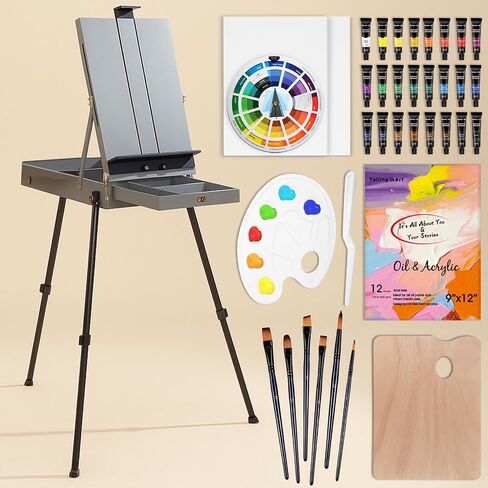 Falling in Art Artist Painting Set with French Easel, 37Pcs Professional Easel Kit with Canvas, Paintbrush, Paints Suitable for Adults, Artists and Beginners, Natural in Saudi Arabia