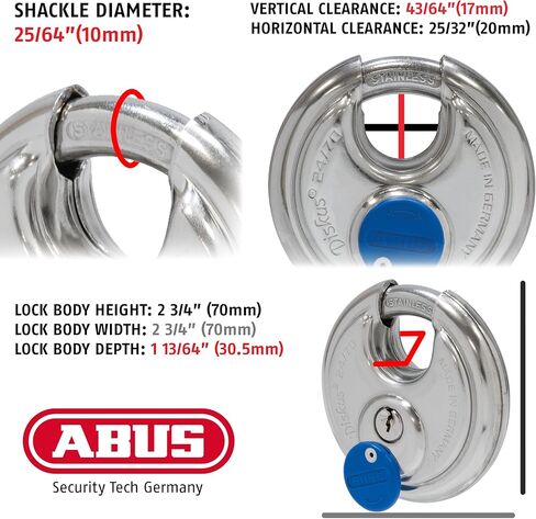 ABUS 24IB/70 قفل قرص مع تكبل من الفولاذ المقاوم للصدأ، بمفتاح مختلف in Kuwait