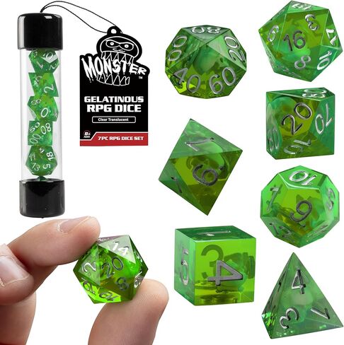 مجموعة نرد ألعاب Monster Gelatinous - مجموعة 7 نرد متعدد السطوح خضراء مع مكعبات الضحية والكنز بداخلها - راتنج حافة حادة مصنوع يدويًا - متوافق مع D&D Dungeons Dragons MTG Magic وجميع ألعاب RPG in Kuwait