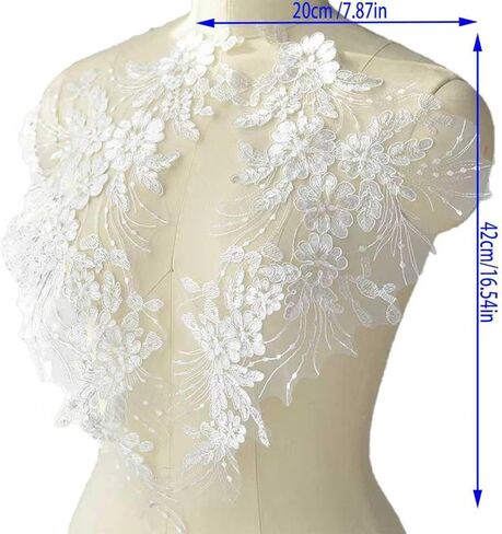 1 زوج زهرة بيضاء الدانتيل النسيج بقع التطريز زين لفستان الزفاف الخياطة الزخارف ديكور (25x12.5 سنتيمتر) in Kuwait