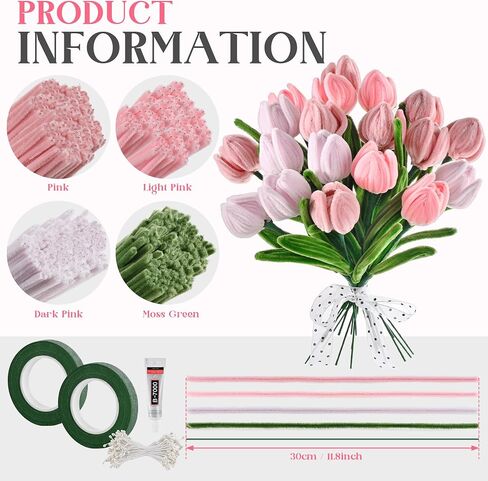 400 Pieces Chenille Stems Pipe Cleaners Craft Kit - Durable Pink Pipe Cleaners for Crafts & Flowers, Complete DIY Pipe Cleaner Flower Kit for Kids, Ideal for School Projects & Gifts in Saudi Arabia