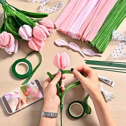 400 Pieces Chenille Stems Pipe Cleaners Craft Kit - Durable Pink Pipe Cleaners for Crafts & Flowers, Complete DIY Pipe Cleaner Flower Kit for Kids, Ideal for School Projects & Gifts in Saudi Arabia