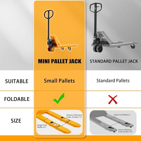 شاحنات Tory Carrier Mini Pallet Jack، سعة 2200 رطل 31.5 بوصة × 15 بوصة، رافعة يدوية ضيقة صغيرة الحجم، شوكات ومقبض قابل للطي، برتقالي in Kuwait