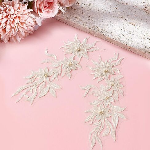 MAYJOYDIY قطعتان من زخارف الزهور المطرزة باللون الأبيض، زينة دانتيل من حجر الراين الطاووس فينيكس، مقاس 20.4 × 7.8 بوصة، فستان زفاف مخيط على رقع لفستان وقبعة وحقيبة جينز وأحذية وإكسسوارات الملابس in Kuwait