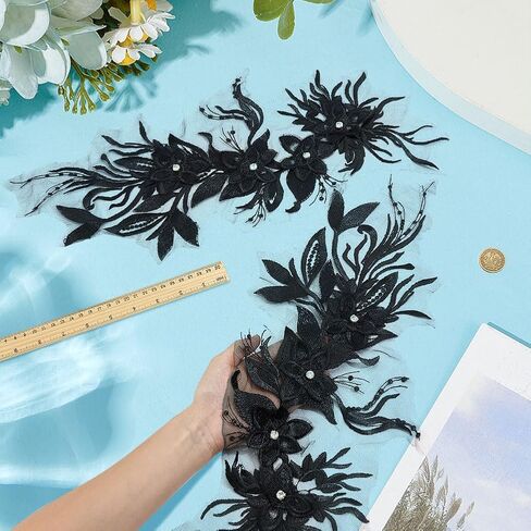 MAYJOYDIY قطعتان من زخارف الزهور المطرزة باللون الأبيض، زينة دانتيل من حجر الراين الطاووس فينيكس، مقاس 20.4 × 7.8 بوصة، فستان زفاف مخيط على رقع لفستان وقبعة وحقيبة جينز وأحذية وإكسسوارات الملابس in Kuwait