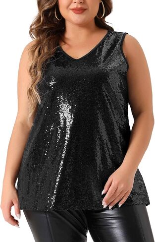 Agnes Orinda Plus Size Tops for Women Sleeveless Sparkle Shimmer Glitter Sequin V Neck Tank Top in Kuwait