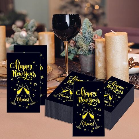 40Pcs Happy New Year's Paper Napkins Black Gold New Year Theme Disposable Luncheon Dinner Napkins Cheers Paper Guest Towels for Xmas Winter New Years Decorations Bathroom Hand Towel,4.3 x 7.9 Inch in Saudi Arabia