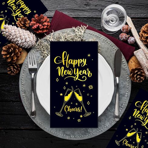 40Pcs Happy New Year's Paper Napkins Black Gold New Year Theme Disposable Luncheon Dinner Napkins Cheers Paper Guest Towels for Xmas Winter New Years Decorations Bathroom Hand Towel,4.3 x 7.9 Inch in Saudi Arabia