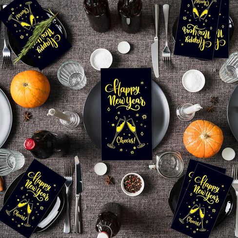 40Pcs Happy New Year's Paper Napkins Black Gold New Year Theme Disposable Luncheon Dinner Napkins Cheers Paper Guest Towels for Xmas Winter New Years Decorations Bathroom Hand Towel,4.3 x 7.9 Inch in Saudi Arabia