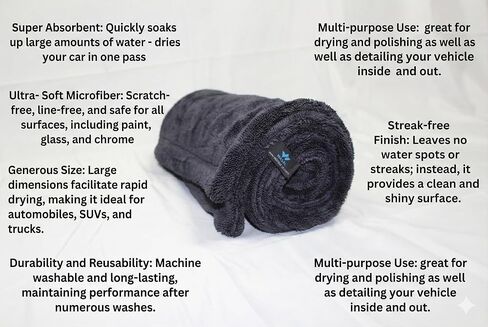 Wasal Car Drying Towel - 24" x 36" XL, Popular Pick Among Detailing Pro- 1300 GSM Microfiber Edgeless Twisted Loop Design - 70/30 Blend, Extra Large,Super-Fast Drying, Streak Free in Saudi Arabia