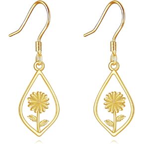 Sunflower Earrings 14K Solid Yellow Gold Flower Dangle Drop Dangling Earrings Fine Gold Jewelry Gift for Women Her Girls Wife, Yellow Gold, No Gemstone in Kuwait