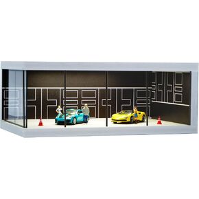 1/64 Diecast Car Model Display Case with Clear Acrylic Dustproof,Garage Showroom Scene with Lighting,Stackable PVC Storage Box for Hot Wheels Collectibles Diorama Parking Organizer (Black) in Kuwait