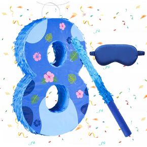 16 Inch Blue Pinata Set with Hawaii Pattern Number 8 Piñata, Blindfold and Stick for Boys Girls 8th Birthday Party Decorations (8-Hawaii Pattern Piñata) in Saudi Arabia