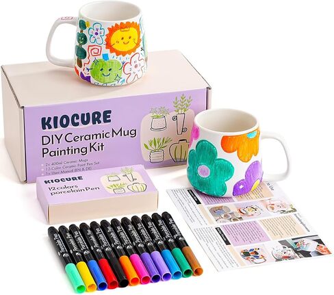 Kiocure Paint Your Own Mug: 2 Paintable Ceramic Mugs & 12 Color Pens Dishwasher Safe DIY Mug Painting Kit Adults Crafts for Date Night or Valentine’s Day Gifts in Saudi Arabia