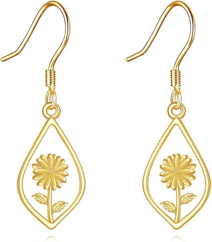 Sunflower Earrings 14K Solid Yellow Gold Flower Dangle Drop Dangling Earrings Fine Gold Jewelry Gift for Women Her Girls Wife, Yellow Gold, No Gemstone in Kuwait