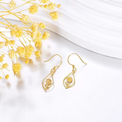 Sunflower Earrings 14K Solid Yellow Gold Flower Dangle Drop Dangling Earrings Fine Gold Jewelry Gift for Women Her Girls Wife, Yellow Gold, No Gemstone in Kuwait