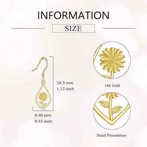 Sunflower Earrings 14K Solid Yellow Gold Flower Dangle Drop Dangling Earrings Fine Gold Jewelry Gift for Women Her Girls Wife, Yellow Gold, No Gemstone in Kuwait