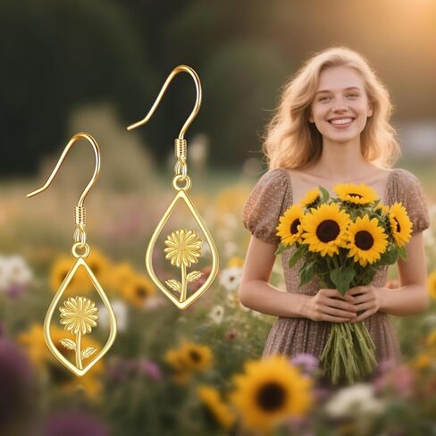 Sunflower Earrings 14K Solid Yellow Gold Flower Dangle Drop Dangling Earrings Fine Gold Jewelry Gift for Women Her Girls Wife, Yellow Gold, No Gemstone in Kuwait