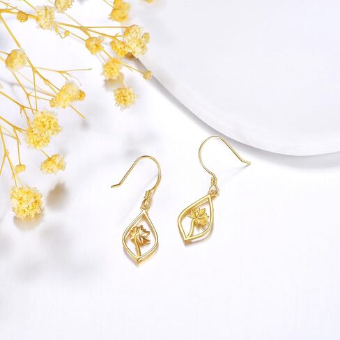 Sunflower Earrings 14K Solid Yellow Gold Flower Dangle Drop Dangling Earrings Fine Gold Jewelry Gift for Women Her Girls Wife in Saudi Arabia
