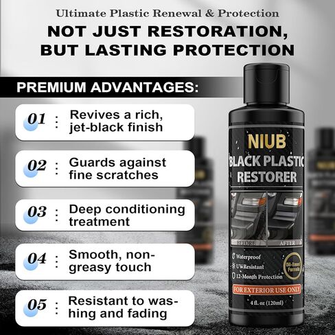 مرمم بلاستيك للسيارات، مرمم حواف سوداء 120 مل، مرمم بلاستيك السيارة، مرمم بلاستيك للسيارة من الخارج، يعيد البلاستيك الباهت، مقاوم للماء، لمعان وحماية يدوم طويلاً، للاستخدام الخارجي فقط in Kuwait