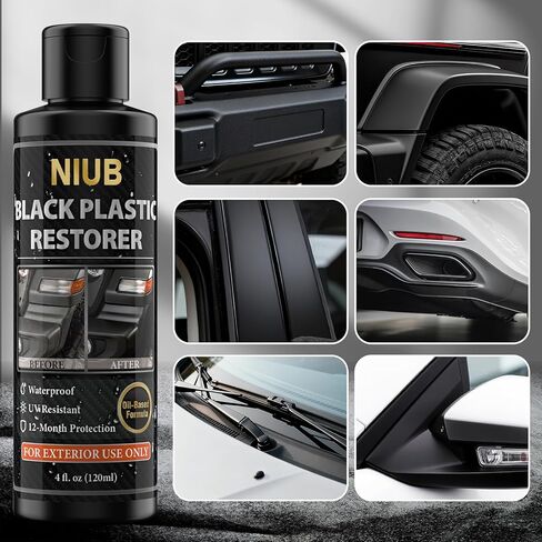مرمم بلاستيك للسيارات، مرمم حواف سوداء 120 مل، مرمم بلاستيك السيارة، مرمم بلاستيك للسيارة من الخارج، يعيد البلاستيك الباهت، مقاوم للماء، لمعان وحماية يدوم طويلاً، للاستخدام الخارجي فقط in Kuwait