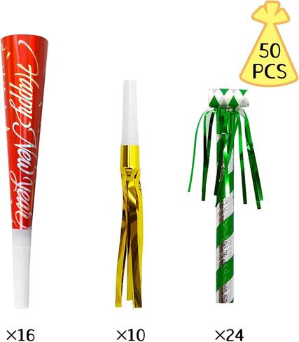 Fancy Land 50 Pack Happy New Year Noise Makers Horns Tassel Squawkers 2026 Colorful Party Noisemaker Set Adults Kids Party NYE Party Favor Supplies Gold Black Silver in Saudi Arabia