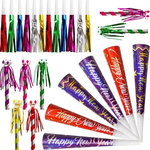 Fancy Land 50 Pack Happy New Year Noise Makers Horns Tassel Squawkers 2026 Colorful Party Noisemaker Set Adults Kids Party NYE Party Favor Supplies Gold Black Silver in Saudi Arabia