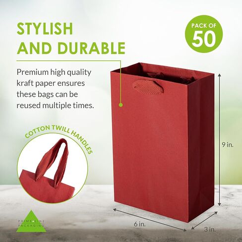 Prime Line Packaging Red Gift Bags, Kraft Paper Christmas Gift Bags with Handles for Kids, Large Holiday Paper Bags for Wrapping, Weddings, Party Favors, Bulk, 16x6x12, 50 Pack in Kuwait