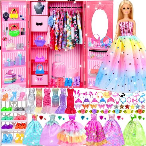 150 Pcs Doll Clothes and Accessories Playset with Dolls for Girls, Princess Gowns, Fashion Dresses, Swimsuits, Tops, Pants, Shoes, Bags Jewelrys in Closet for Doll Dress Up Fit for 11.5" Dolls in Kuwait