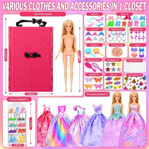150 Pcs Doll Clothes and Accessories Playset with Dolls for Girls, Princess Gowns, Fashion Dresses, Swimsuits, Tops, Pants, Shoes, Bags Jewelrys in Closet for Doll Dress Up Fit for 11.5" Dolls in Kuwait