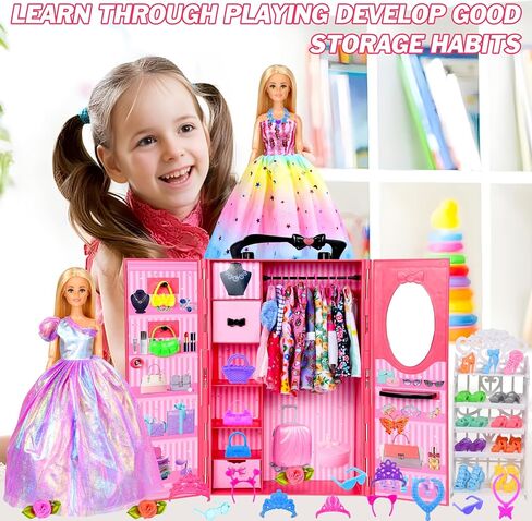 150 Pcs Doll Clothes and Accessories Playset with Dolls for Girls, Princess Gowns, Fashion Dresses, Swimsuits, Tops, Pants, Shoes, Bags Jewelrys in Closet for Doll Dress Up Fit for 11.5" Dolls in Kuwait