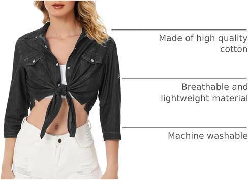 Women's Denim Shirt 3/4 Sleeve Tie Front Top Knot Chambray Cardigan Button Shirt Jean Crop Top Jacket in Saudi Arabia
