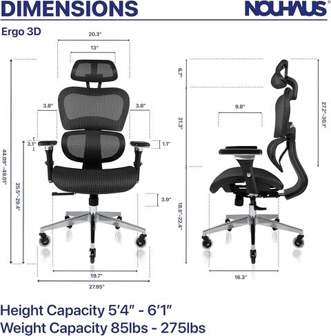 Nouhaus Ergo3D Ergonomic Office Chair Lumbar Support Mesh Office Chair with 4D Adjustable Armrest, Adjustable Headrest and Wheels, Mesh High Back Home Office Desk Chairs(Black) in Kuwait