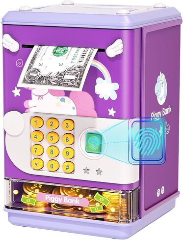 Piggy Bank Toy Electronic Mini ATM Savings Machine with Personal Password & Fingerprint Unlocking Simulation - Music Box with Songs for Kids, Boys and Girls Age 3-8 Years (Purple) in Kuwait