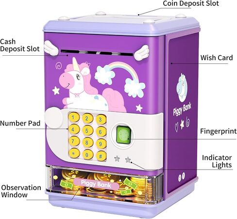 Piggy Bank Toy Electronic Mini ATM Savings Machine with Personal Password & Fingerprint Unlocking Simulation - Music Box with Songs for Kids, Boys and Girls Age 3-8 Years (Purple) in Kuwait
