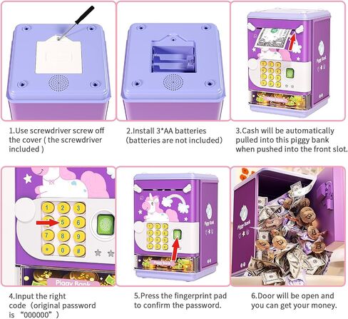 Piggy Bank Toy Electronic Mini ATM Savings Machine with Personal Password & Fingerprint Unlocking Simulation - Music Box with Songs for Kids, Boys and Girls Age 3-8 Years (Purple) in Kuwait